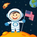 Astronaut with american flag stands on lunar. Space walk on moon Royalty Free Stock Photo